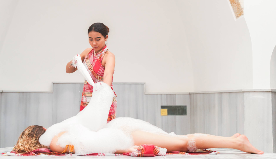 Traditional foam ritual on warm marble